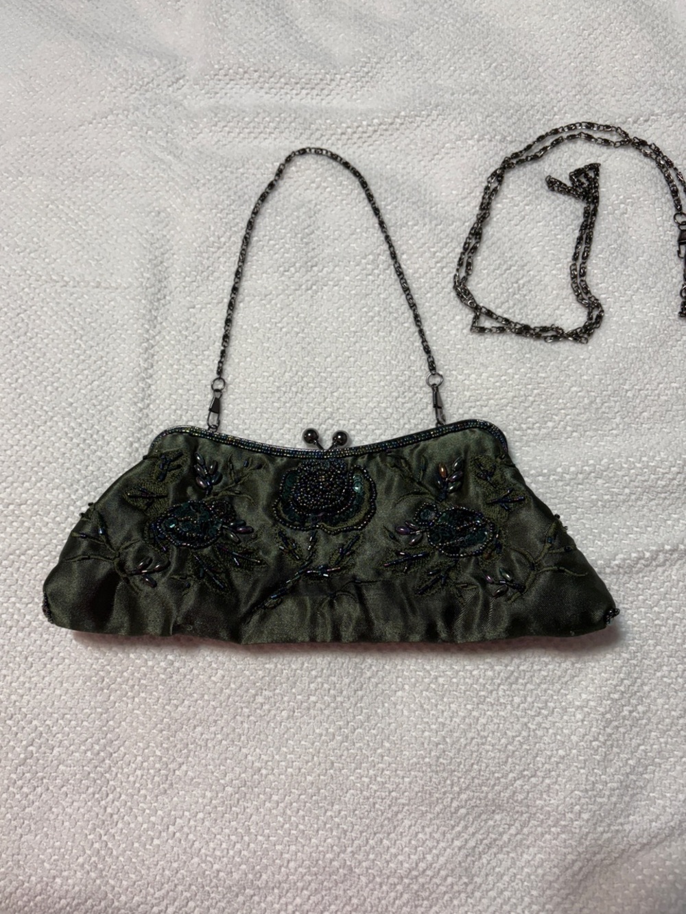 Source Unknown Olive Green Beaded Floral Evening Clutch